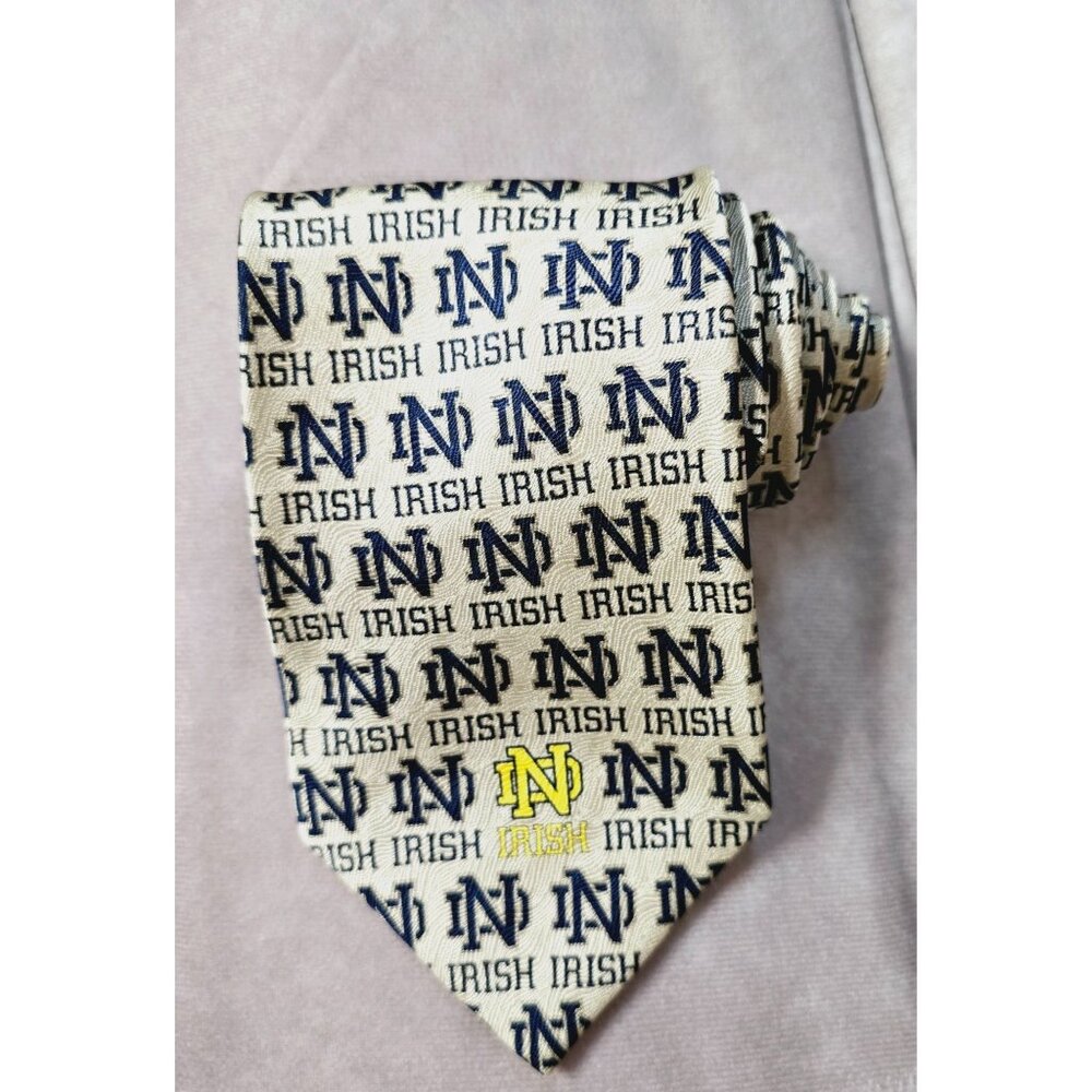 Men's Notre Dame 100% silk necktie Official Tan Navy Blue 58" x 4 " Football NEW